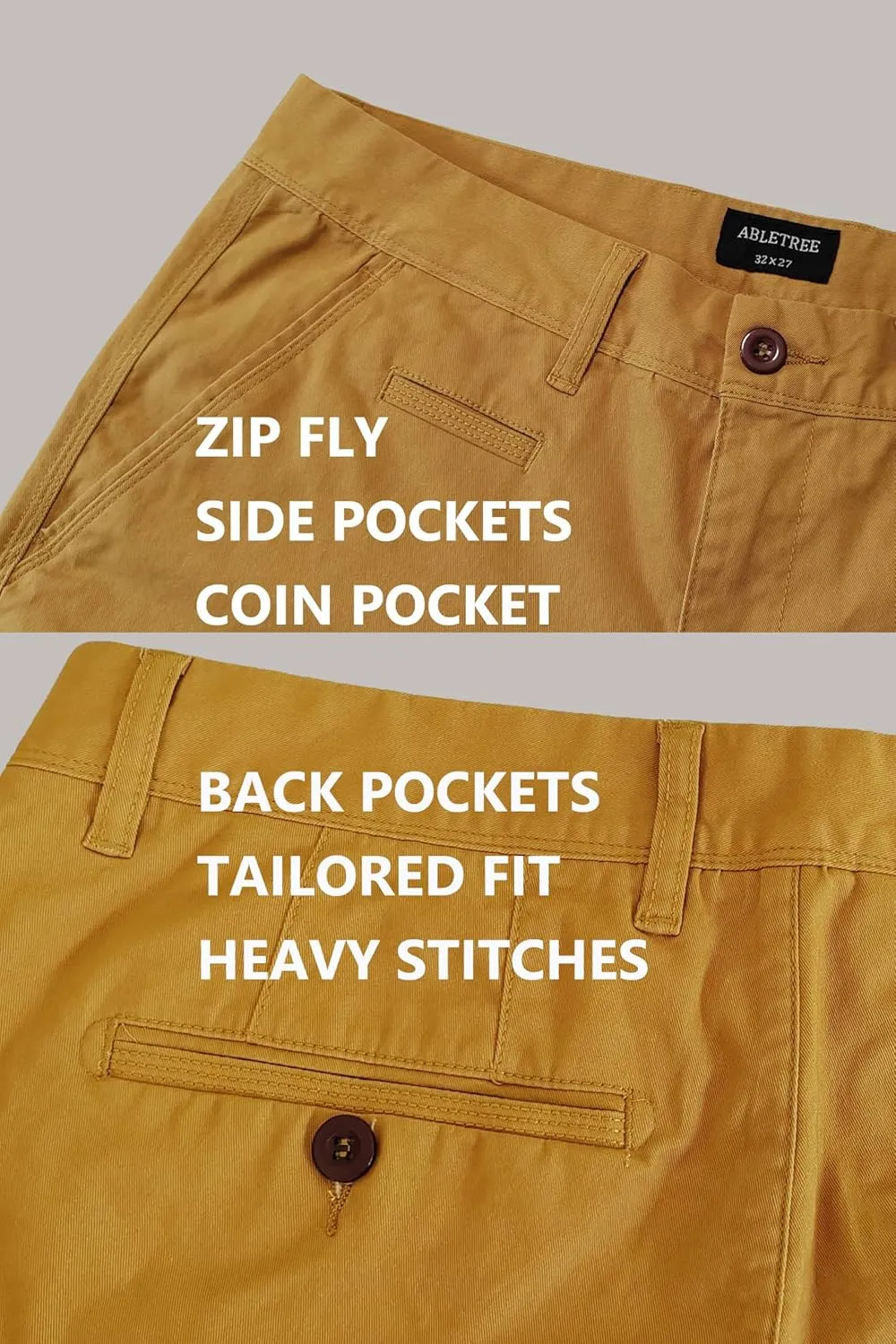 Khaki Pants for Short Men 27" Straight Slim Fit Mens Dress Chinos Pants Stretch Smart Casual Trousers