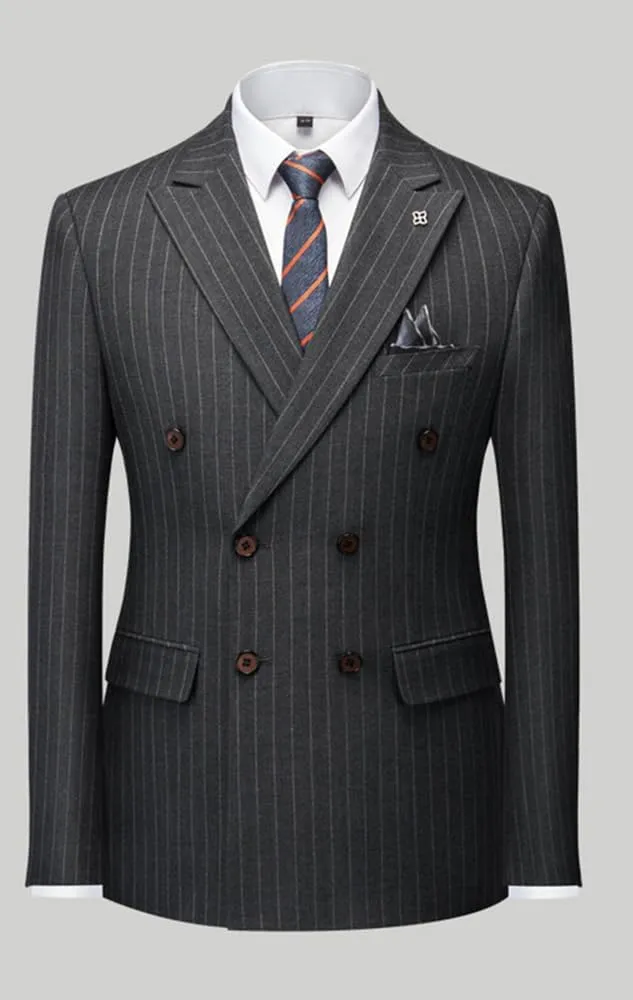 Kromoc Men's Stripe Suit Blazer Double Breasted Buttons Peak Lapel Formal Casual Dinner
