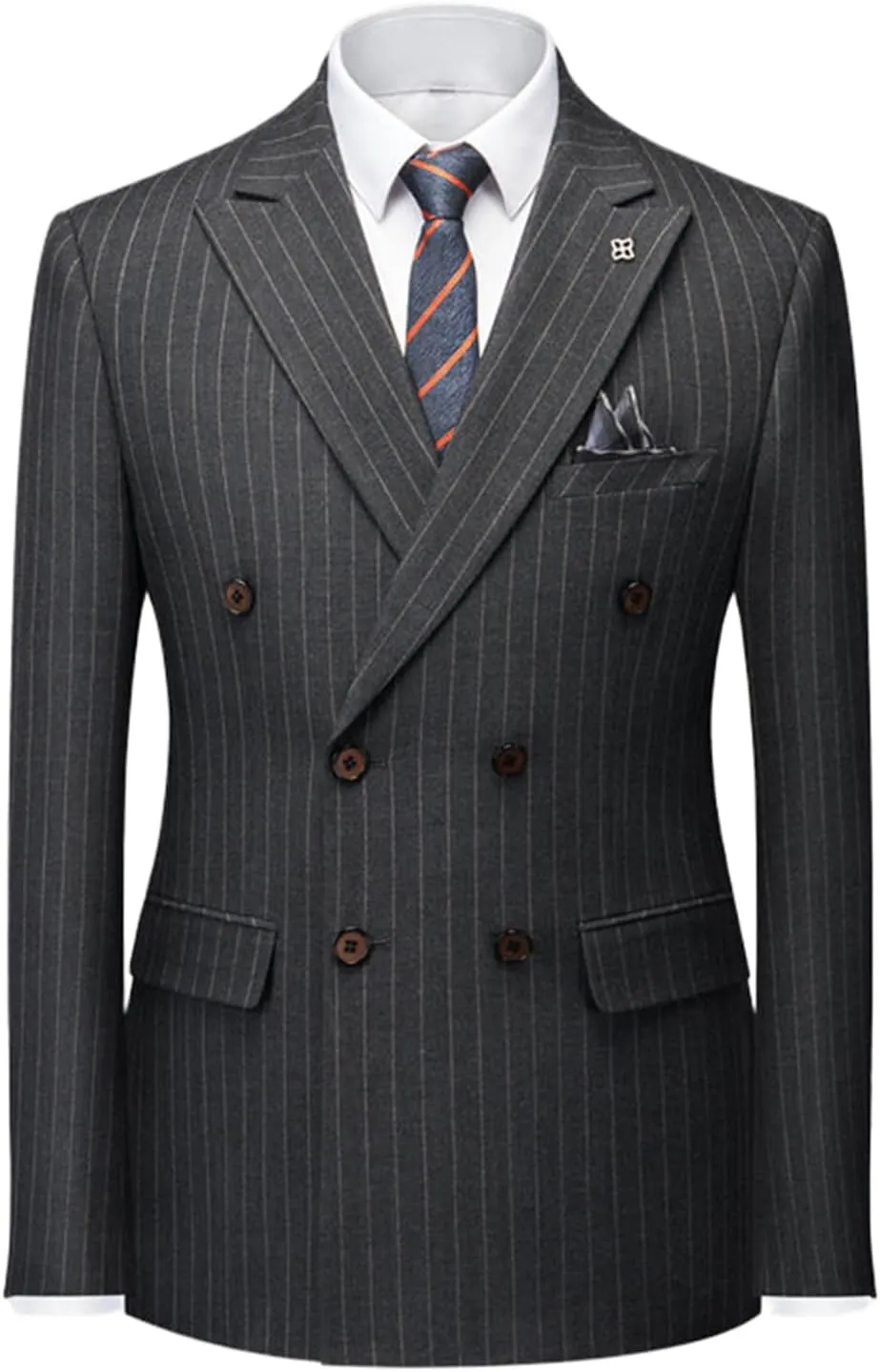 Kromoc Men's Stripe Suit Blazer Double Breasted Buttons Peak Lapel Formal Casual Dinner