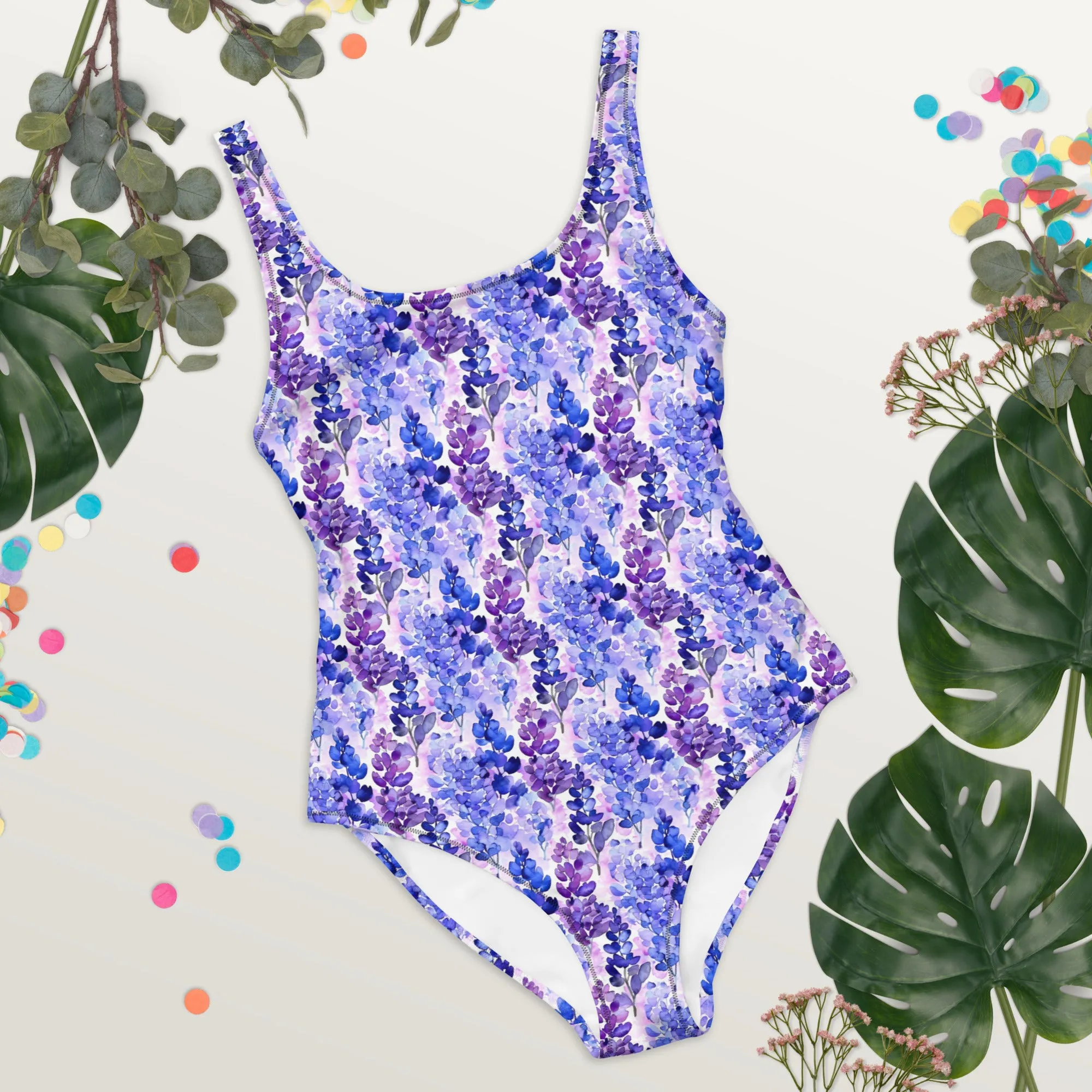 Lavender One Piece Swimsuit Women, Purple Floral Flowers Purple Cute Designer Swim Swimming Sexy Bathing Suits Body Ladies Swimwear