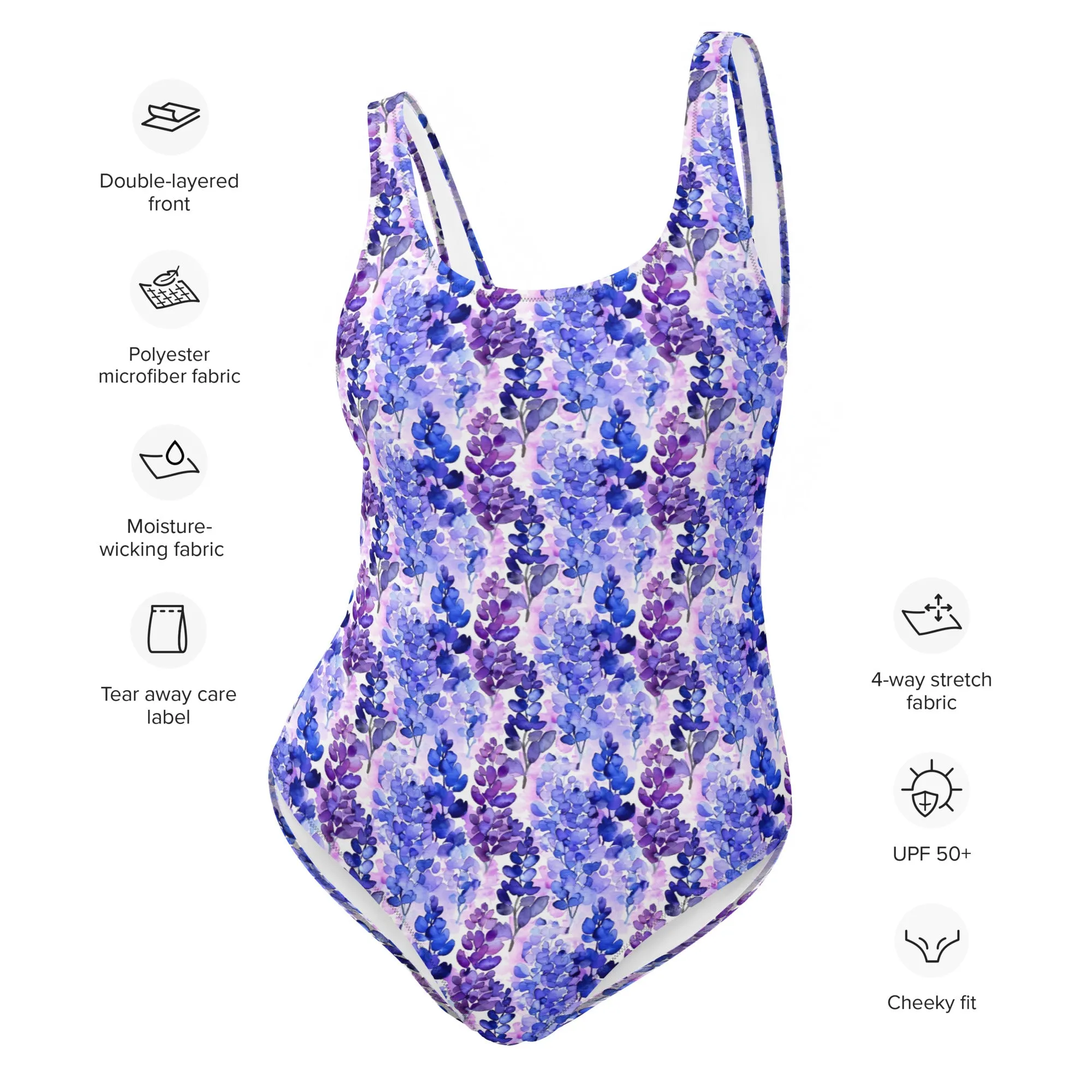 Lavender One Piece Swimsuit Women, Purple Floral Flowers Purple Cute Designer Swim Swimming Sexy Bathing Suits Body Ladies Swimwear