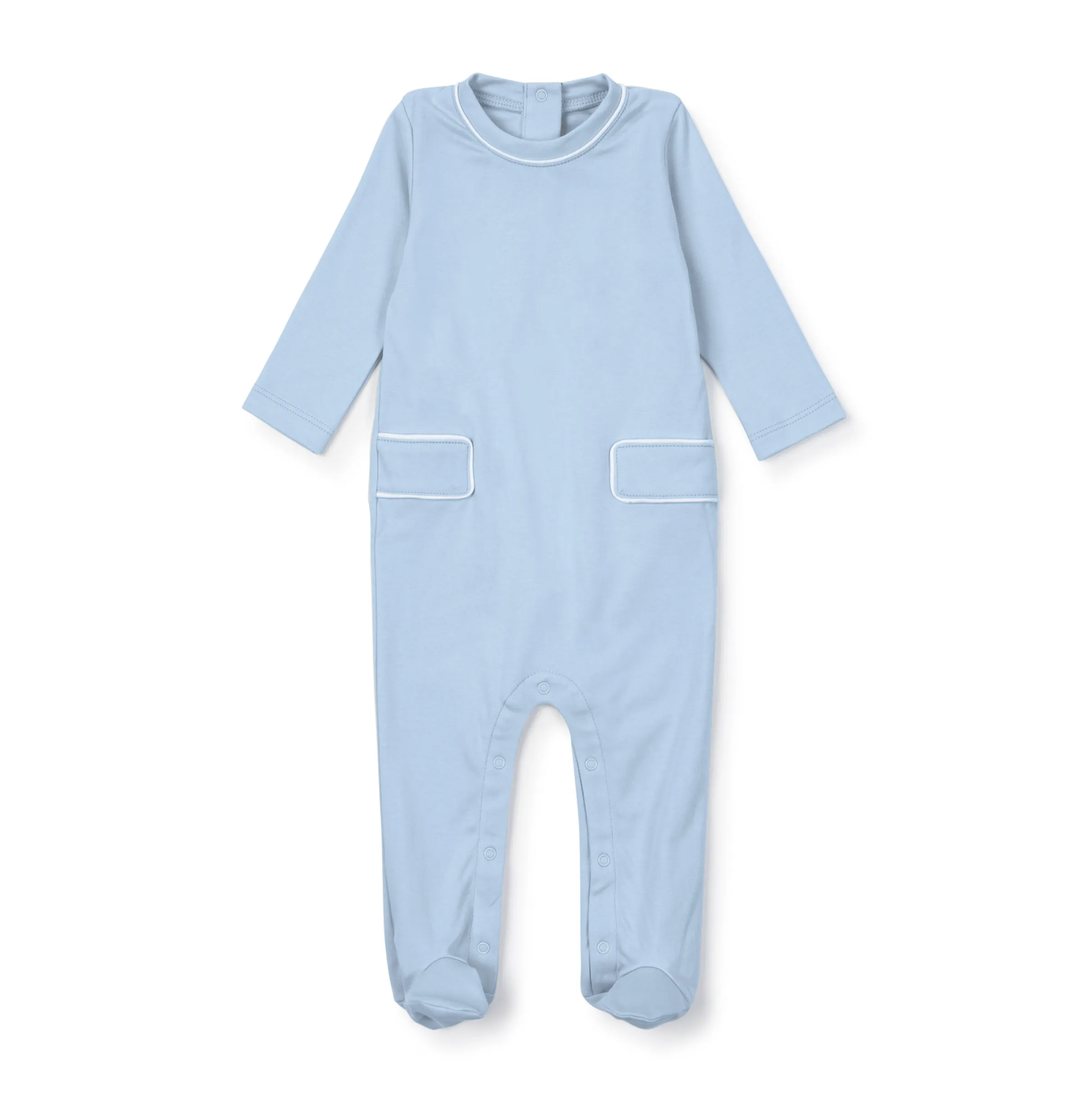 Lila & Hayes: Preston Romper - Light Blue with White Piping