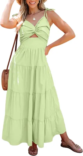 luvamia Long Flowy Dresses for Women Tiered Cut Out Midi Dress Self Tied Spaghetti Strap Summer Vacation Dinner Outfit