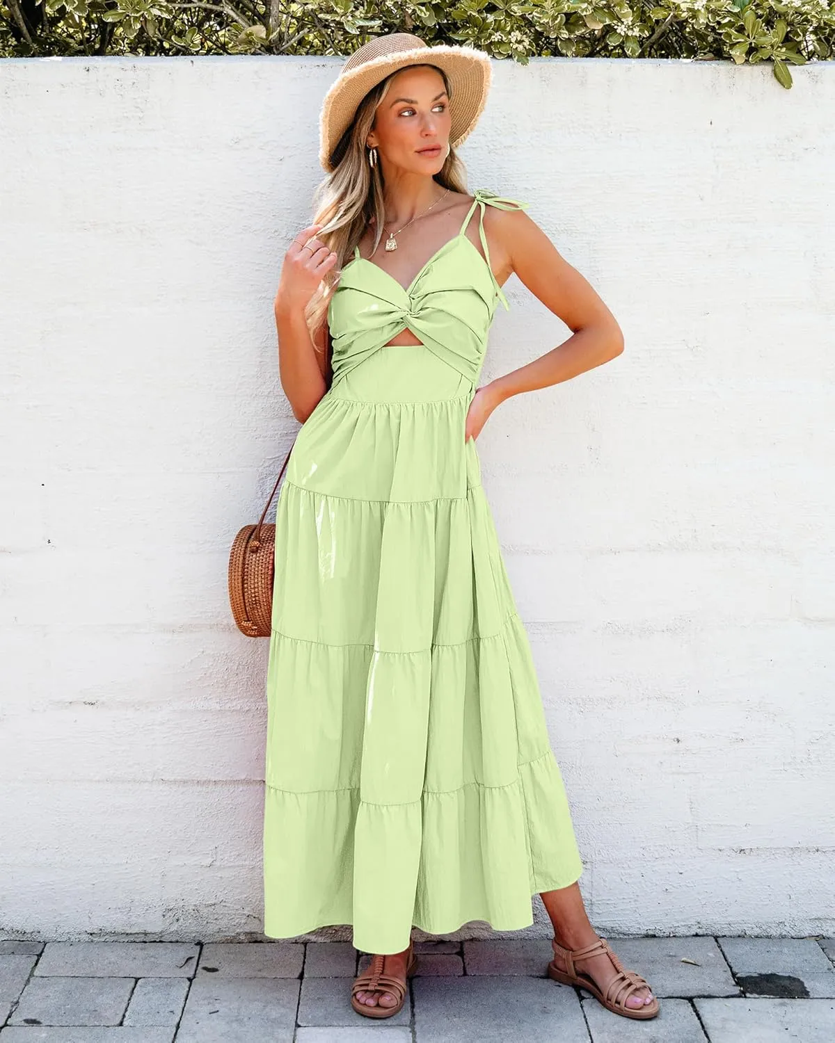 luvamia Long Flowy Dresses for Women Tiered Cut Out Midi Dress Self Tied Spaghetti Strap Summer Vacation Dinner Outfit