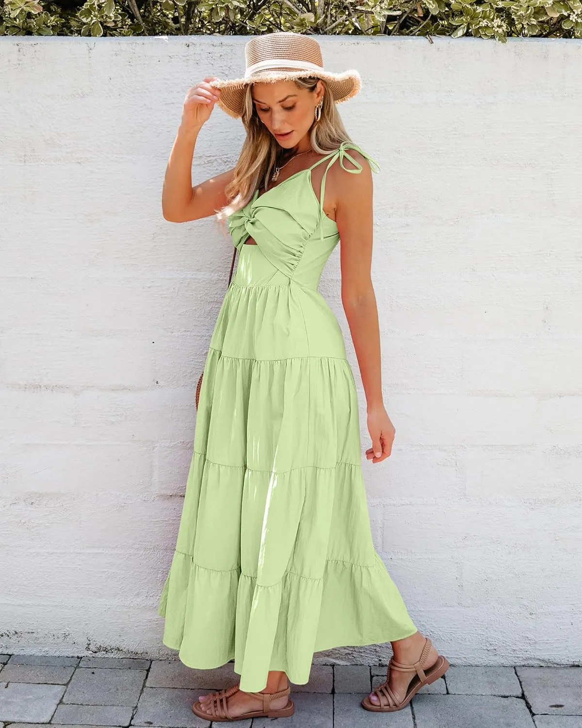 luvamia Long Flowy Dresses for Women Tiered Cut Out Midi Dress Self Tied Spaghetti Strap Summer Vacation Dinner Outfit