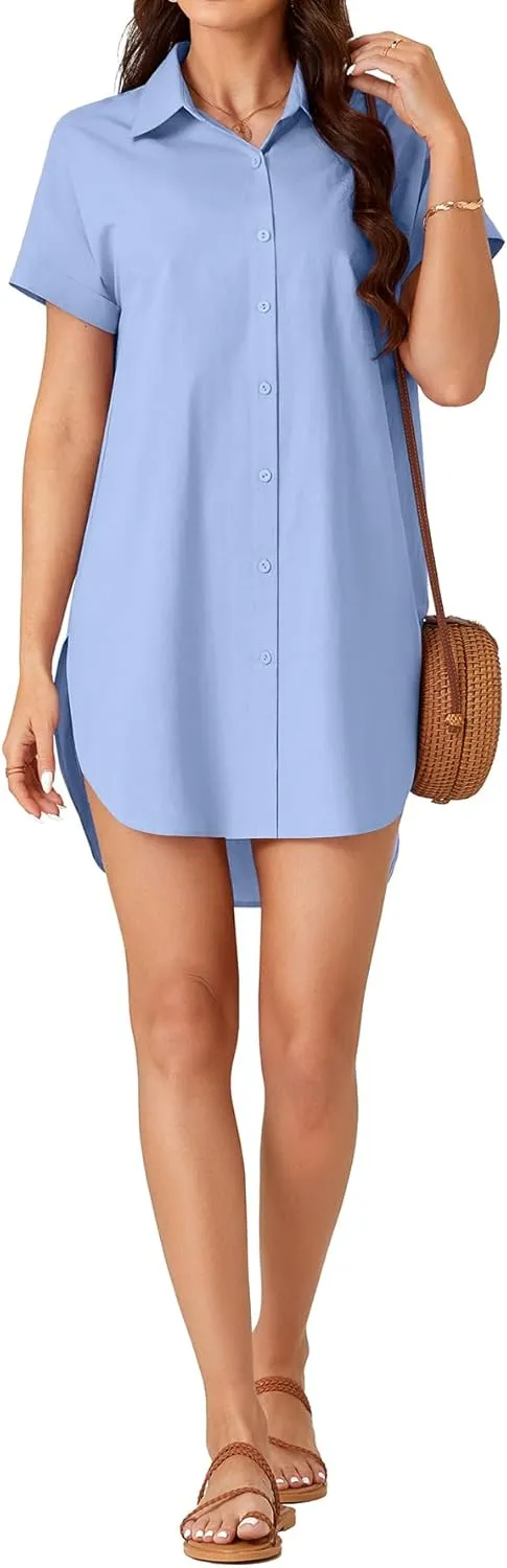 LYANER Women's Button Down Shirt Dress Cotton Collar Neck Short Sleeve High Low Tunic Dress