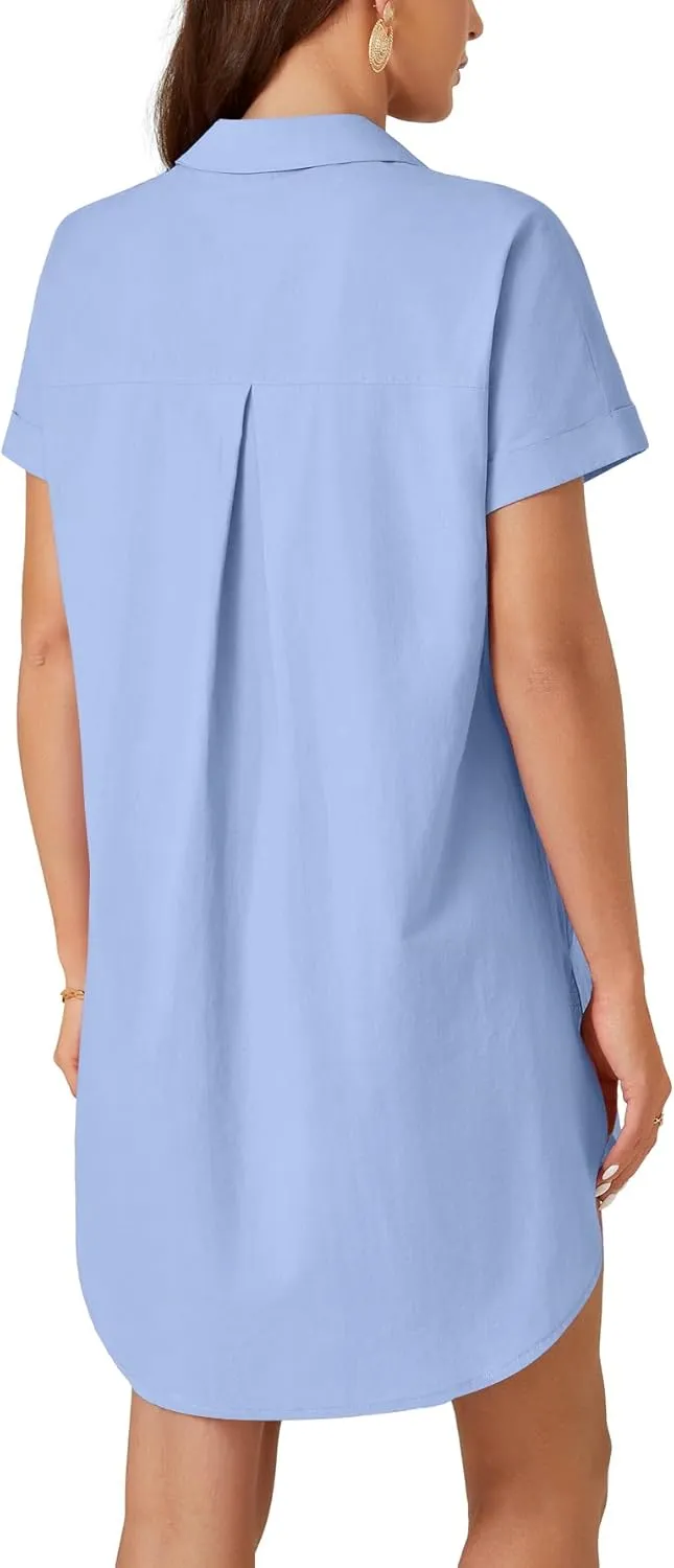 LYANER Women's Button Down Shirt Dress Cotton Collar Neck Short Sleeve High Low Tunic Dress