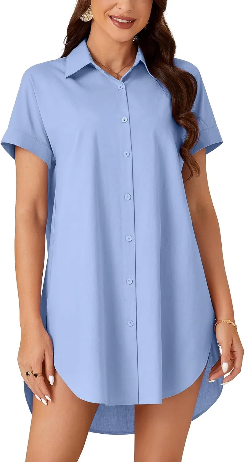 LYANER Women's Button Down Shirt Dress Cotton Collar Neck Short Sleeve High Low Tunic Dress