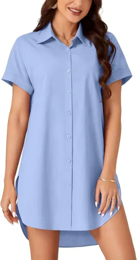 LYANER Women's Button Down Shirt Dress Cotton Collar Neck Short Sleeve High Low Tunic Dress
