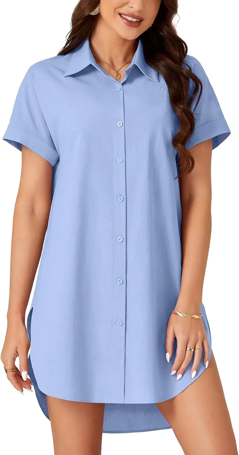 LYANER Women's Button Down Shirt Dress Cotton Collar Neck Short Sleeve High Low Tunic Dress