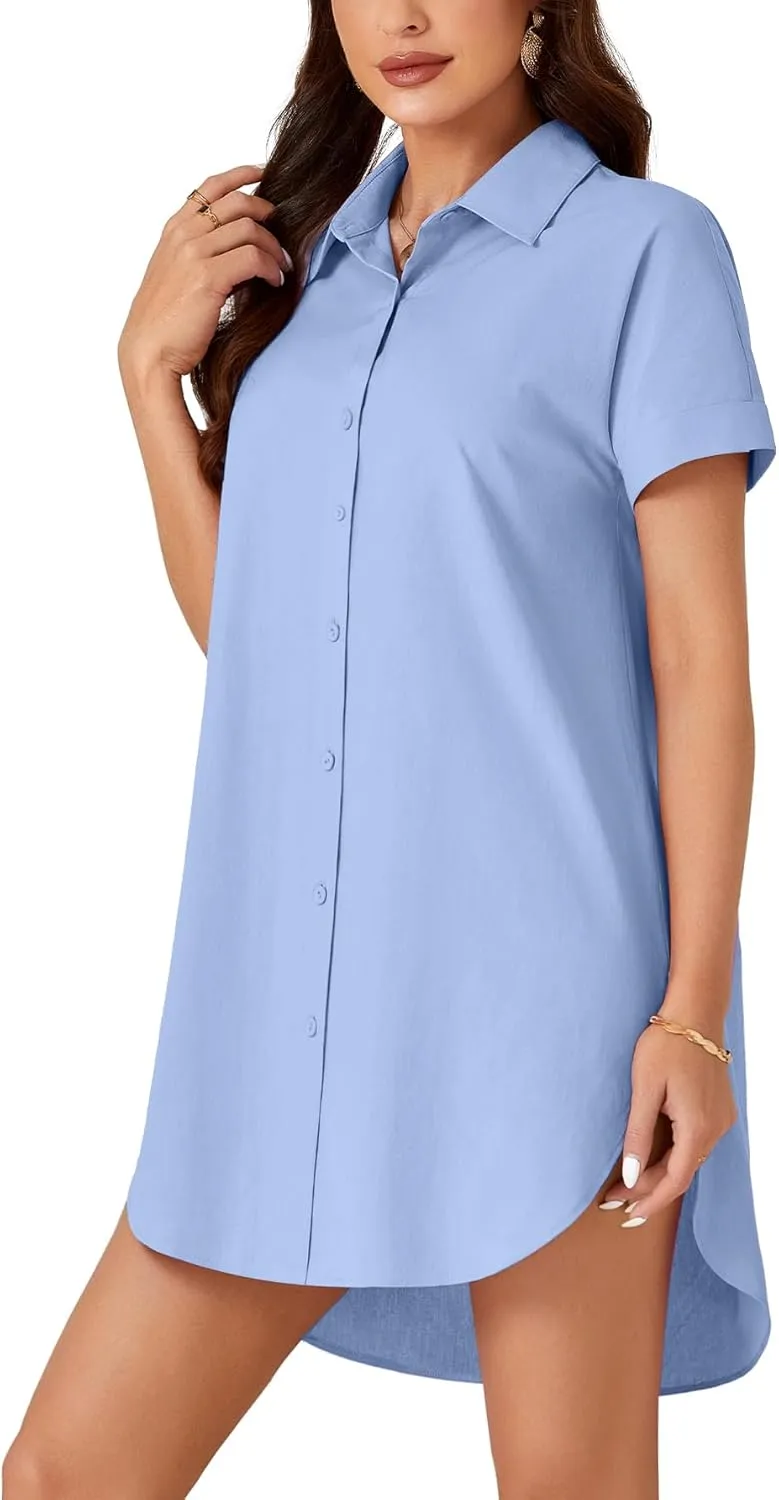 LYANER Women's Button Down Shirt Dress Cotton Collar Neck Short Sleeve High Low Tunic Dress