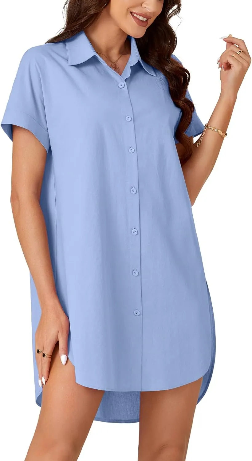 LYANER Women's Button Down Shirt Dress Cotton Collar Neck Short Sleeve High Low Tunic Dress