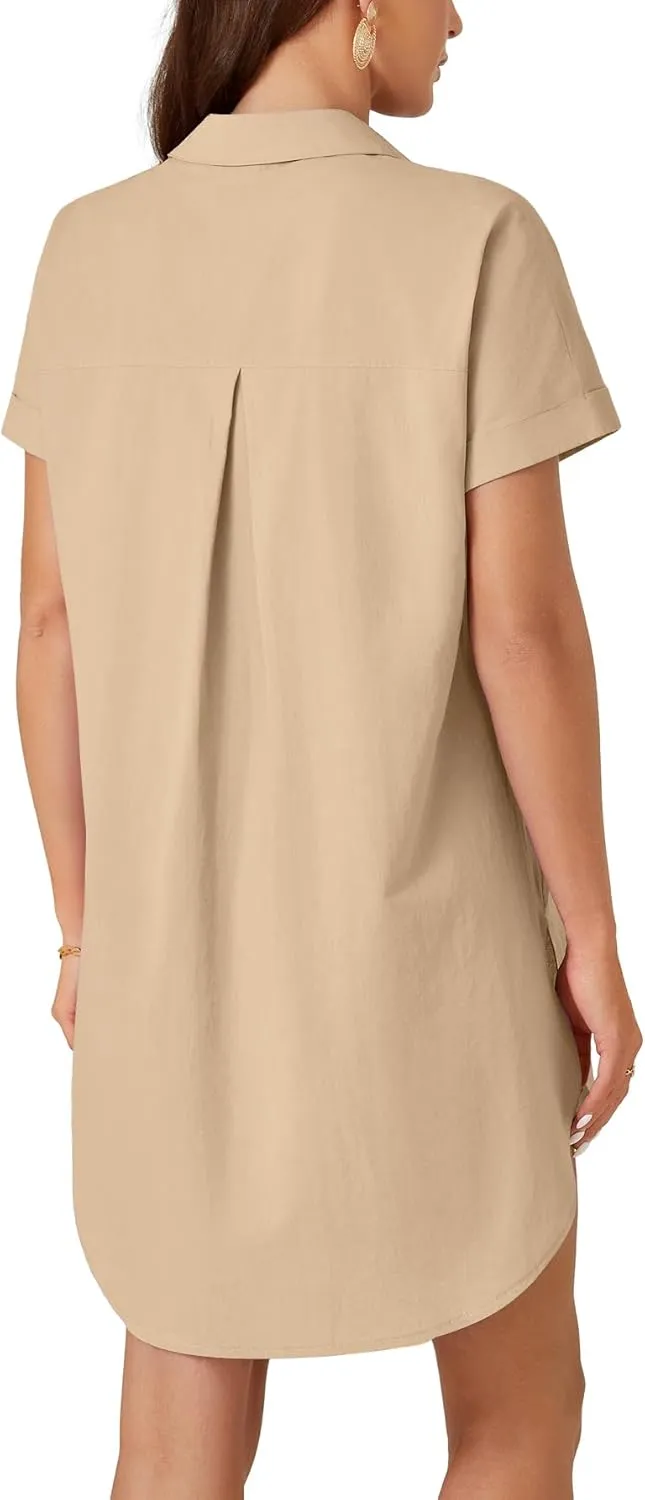 LYANER Women's Shirt Dress Collar Neck Short Sleeve Button Down Blouse Dress