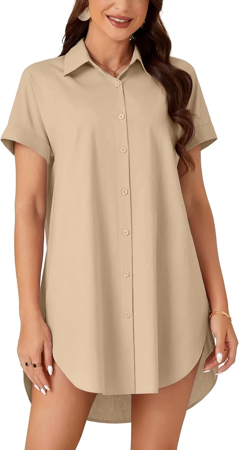 LYANER Women's Shirt Dress Collar Neck Short Sleeve Button Down Blouse Dress