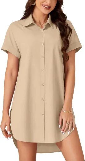 LYANER Women's Shirt Dress Collar Neck Short Sleeve Button Down Blouse Dress