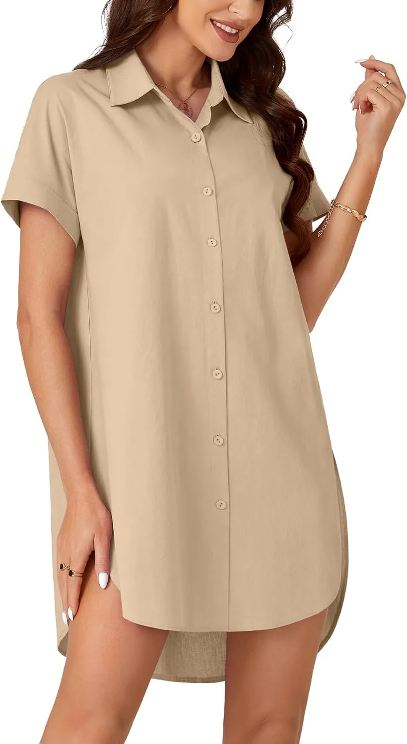 LYANER Women's Shirt Dress Collar Neck Short Sleeve Button Down Blouse Dress