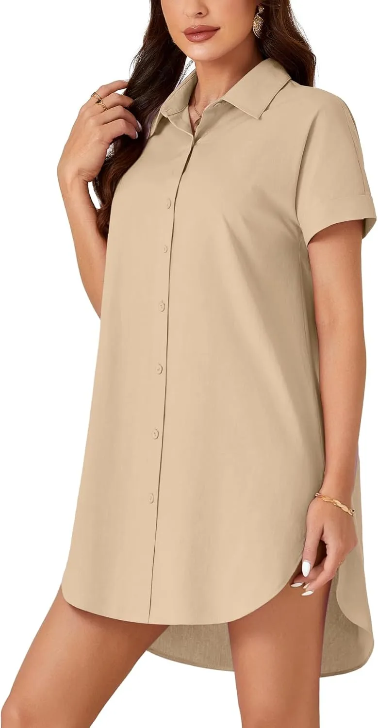 LYANER Women's Shirt Dress Collar Neck Short Sleeve Button Down Blouse Dress