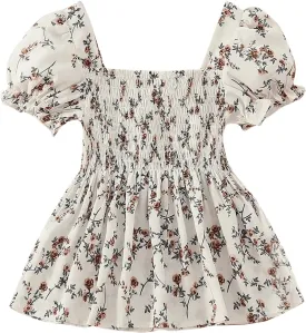 MakeMeChic Women's Floral Puff Sleeve Square Neck Blouse Ruffle Hem Shirred Blouses Top