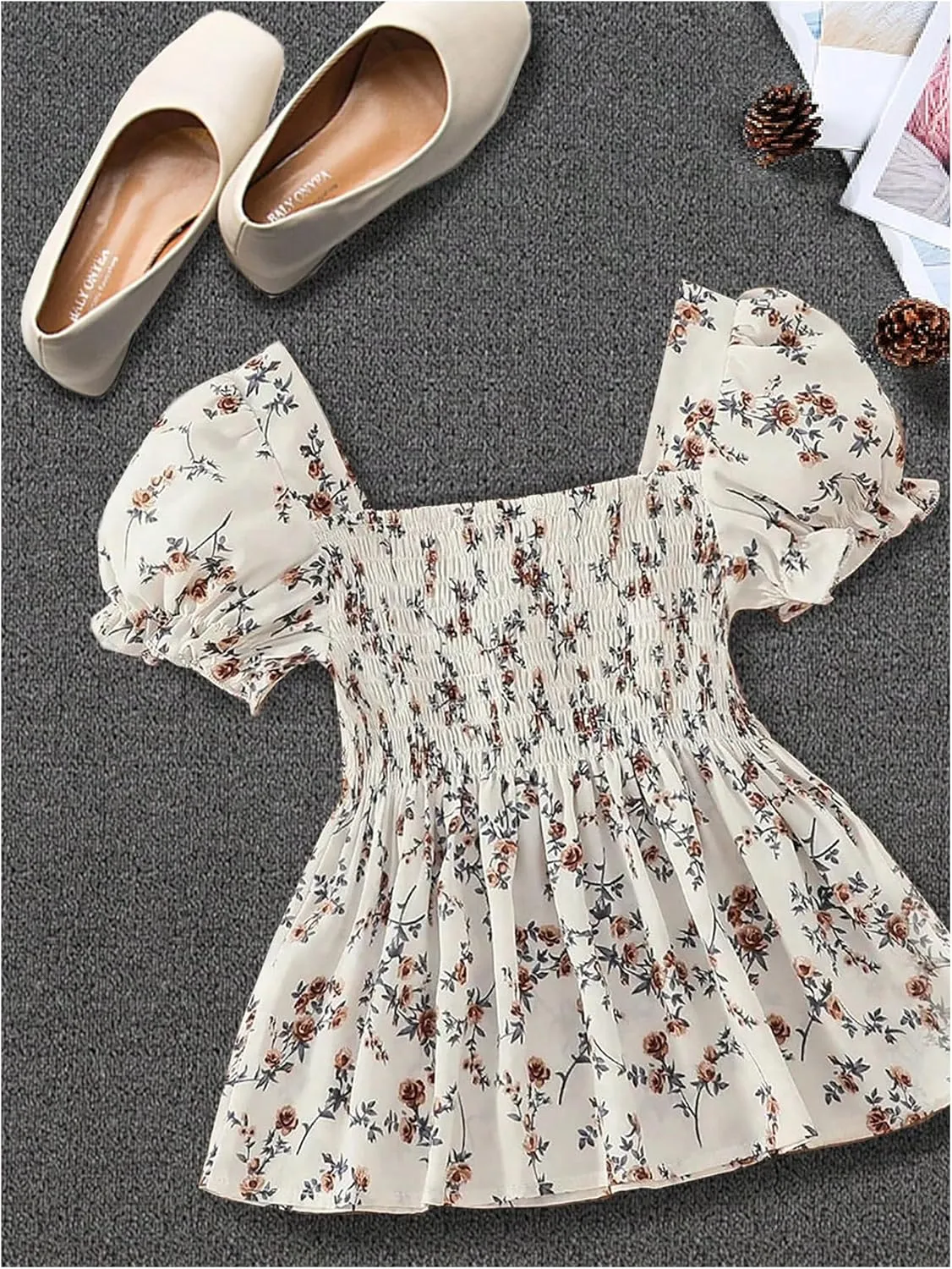 MakeMeChic Women's Floral Puff Sleeve Square Neck Blouse Ruffle Hem Shirred Blouses Top
