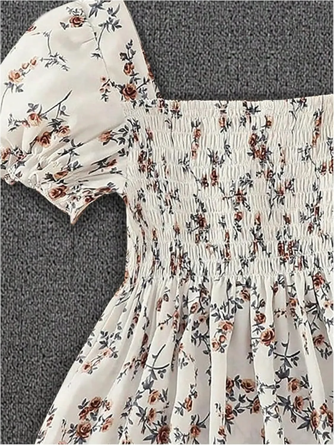 MakeMeChic Women's Floral Puff Sleeve Square Neck Blouse Ruffle Hem Shirred Blouses Top
