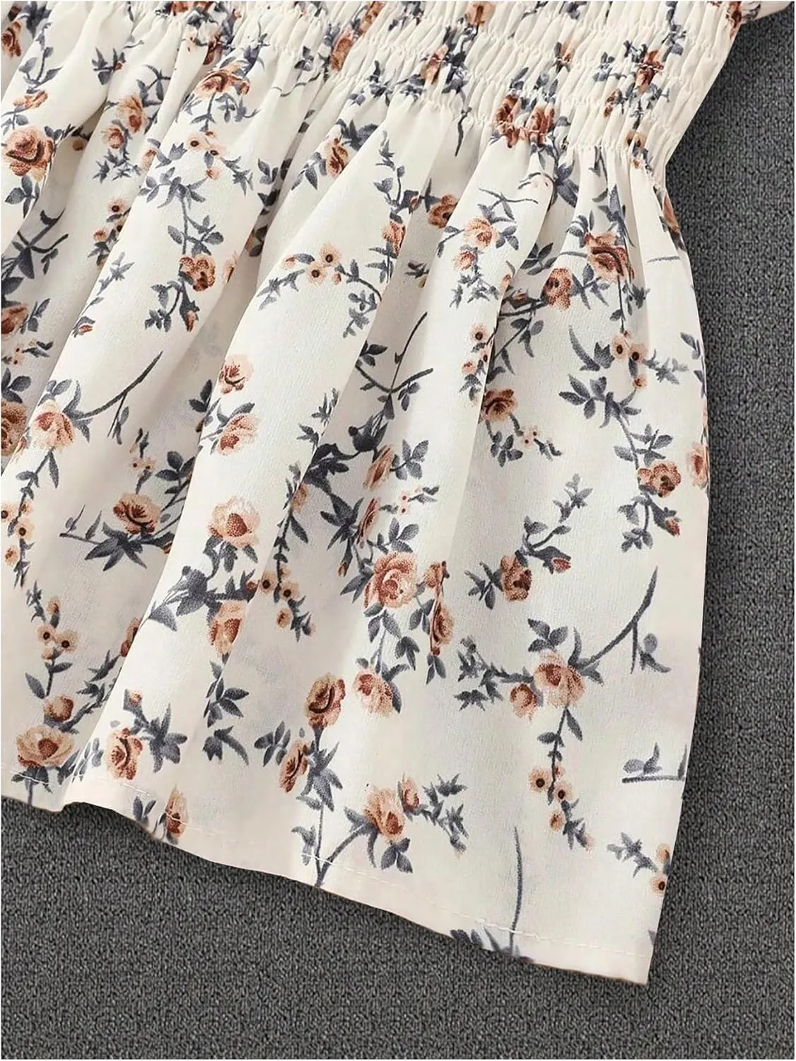 MakeMeChic Women's Floral Puff Sleeve Square Neck Blouse Ruffle Hem Shirred Blouses Top
