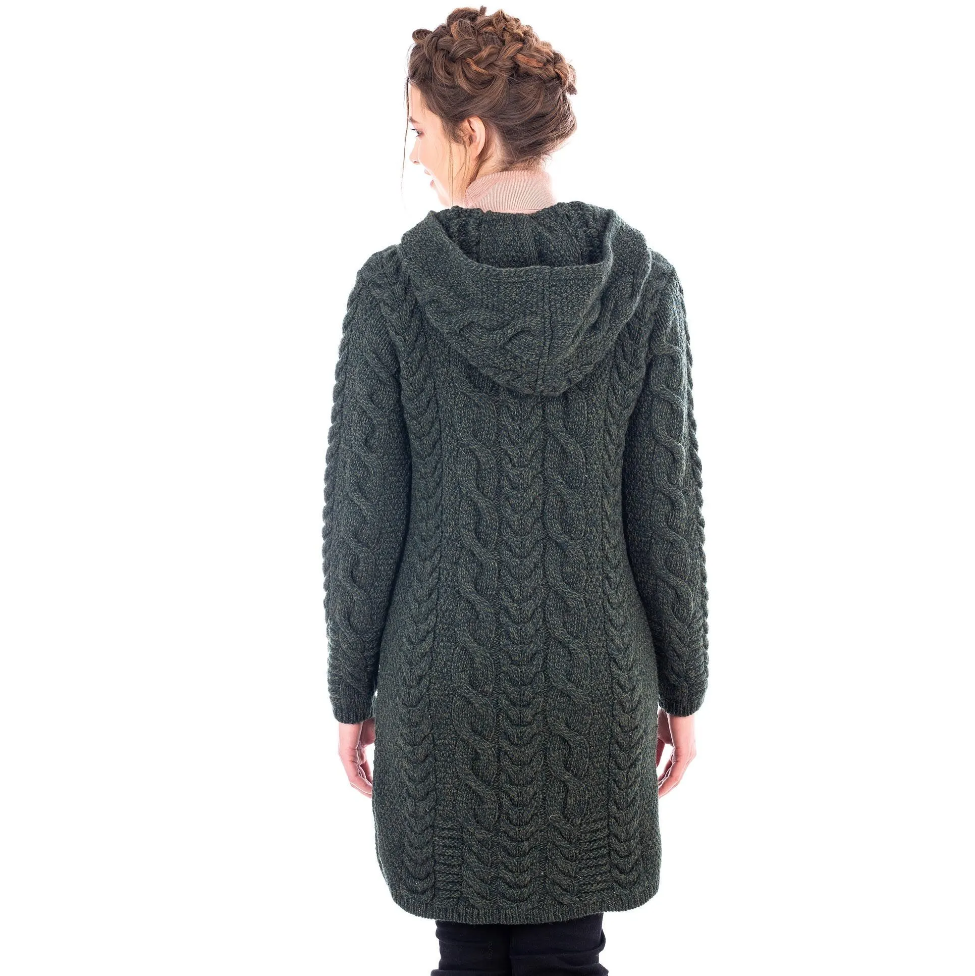 Merino Wool Aran Chunky Cable Knit Hooded Zip Coatigan 3 Colors Made in Ireland