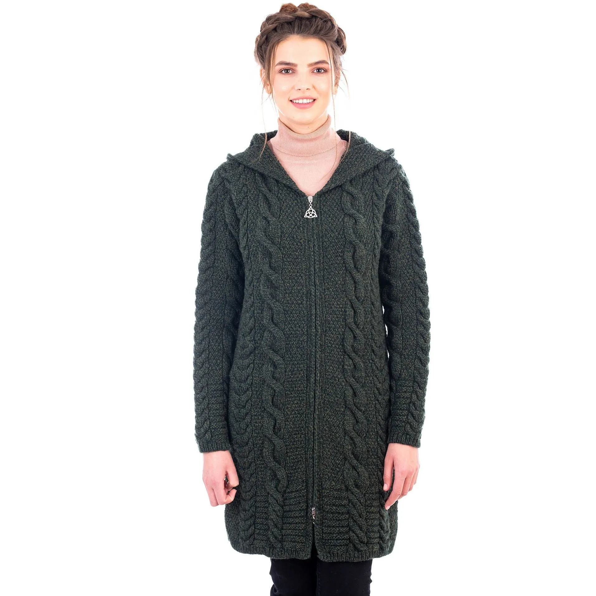 Merino Wool Aran Chunky Cable Knit Hooded Zip Coatigan 3 Colors Made in Ireland