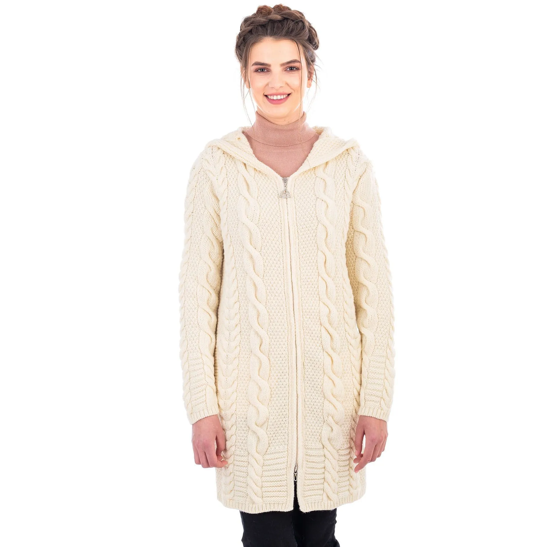 Merino Wool Aran Chunky Cable Knit Hooded Zip Coatigan 3 Colors Made in Ireland