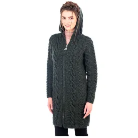 Merino Wool Aran Chunky Cable Knit Hooded Zip Coatigan 3 Colors Made in Ireland