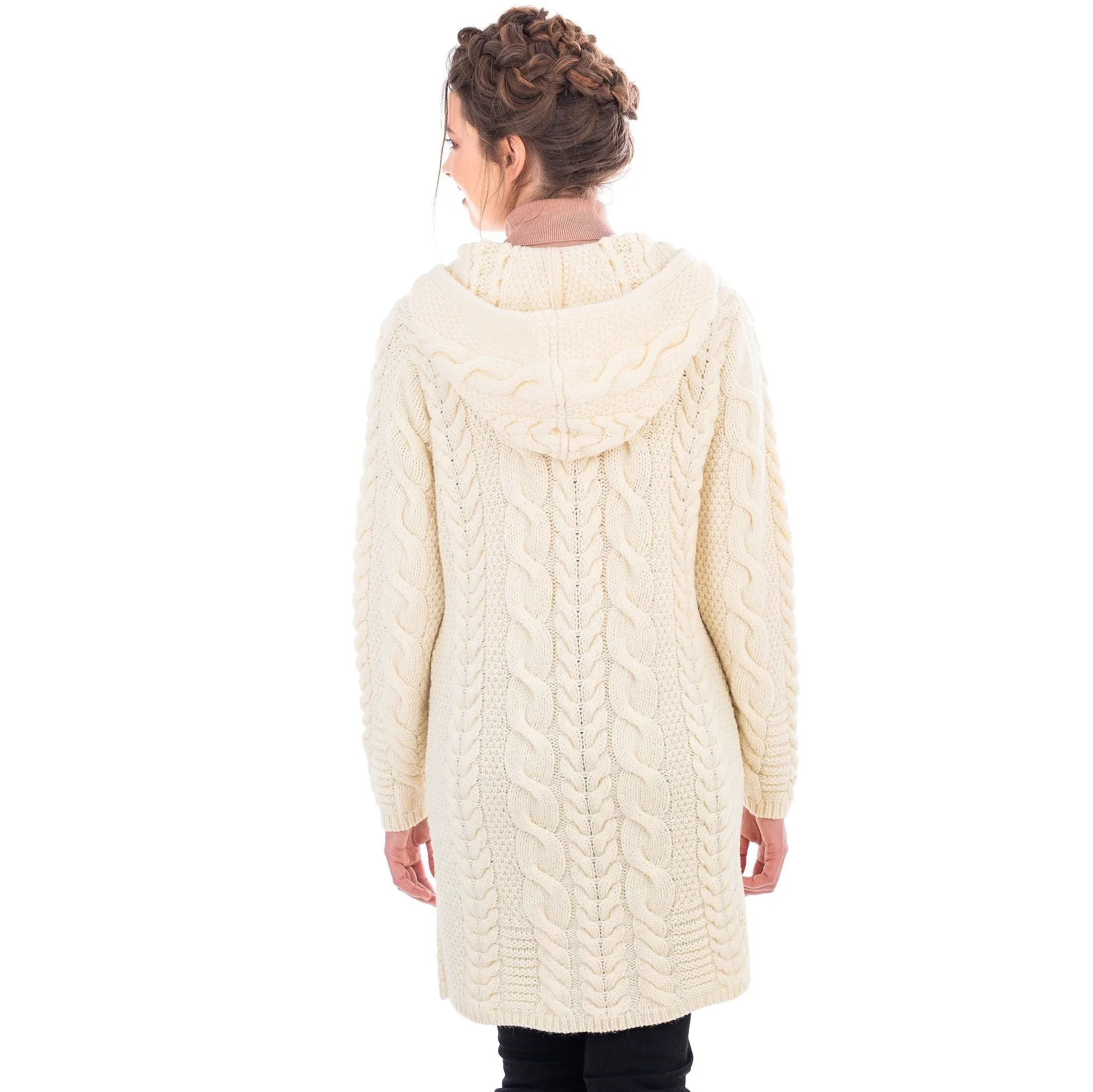 Merino Wool Aran Chunky Cable Knit Hooded Zip Coatigan 3 Colors Made in Ireland