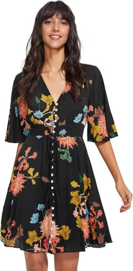 Milumia Women's Vintage Boho Button Up Split Floral Print Flowy Party Dress