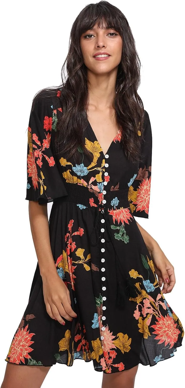 Milumia Women's Vintage Boho Button Up Split Floral Print Flowy Party Dress