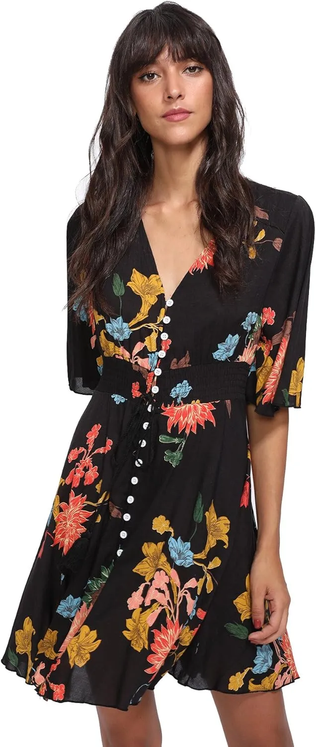 Milumia Women's Vintage Boho Button Up Split Floral Print Flowy Party Dress