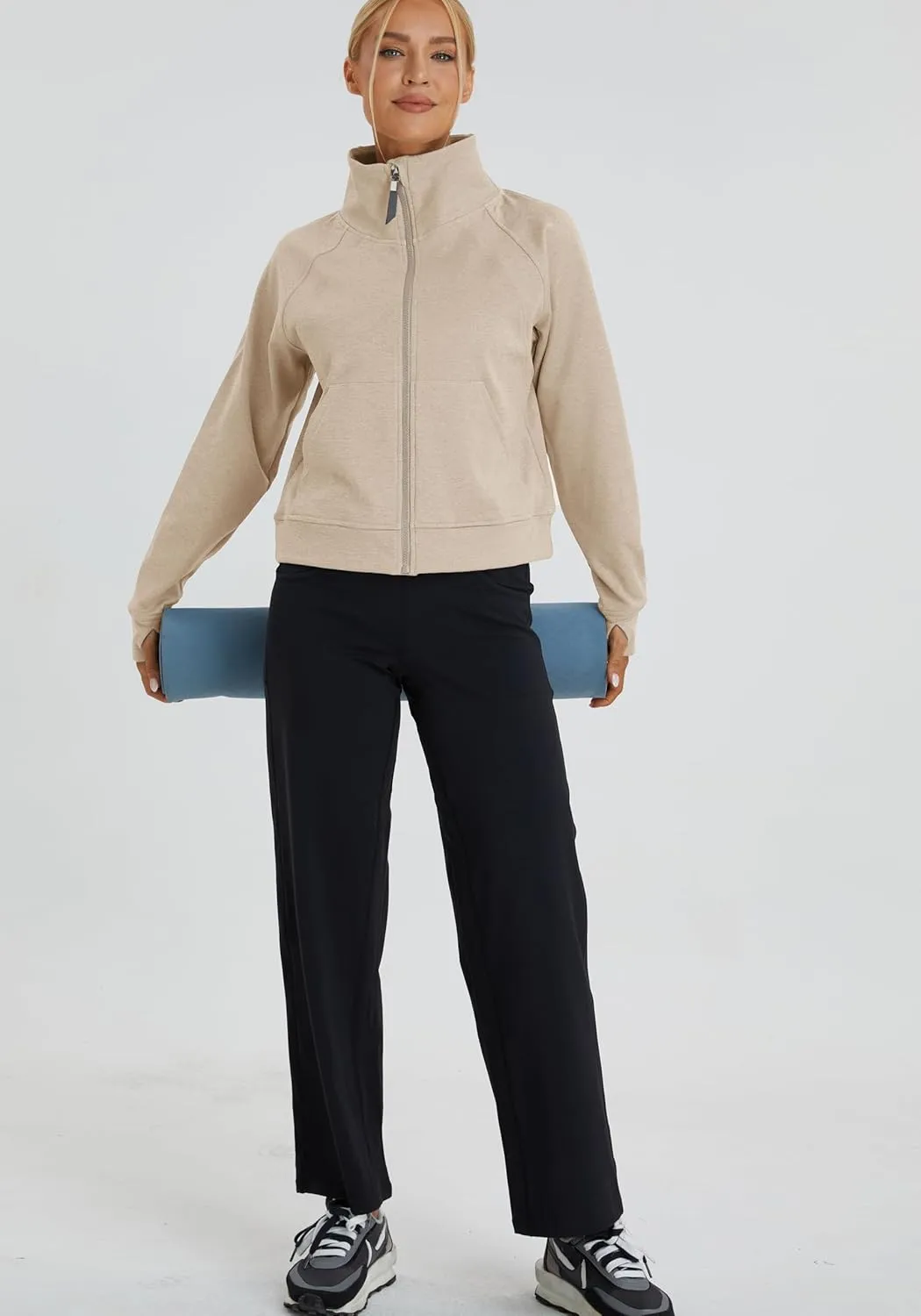 Oalka Sweatshirts Half Zip Long Sleeve Cropped Pullover Lined Full Zip Hoodies Thumb Hole Jackets