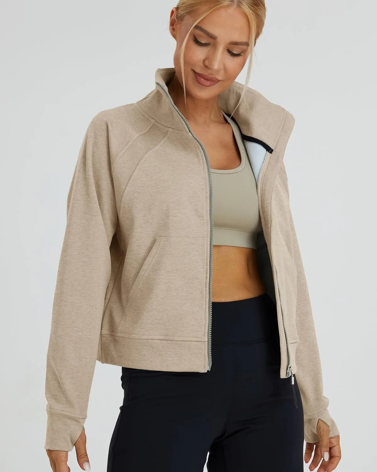Oalka Sweatshirts Half Zip Long Sleeve Cropped Pullover Lined Full Zip Hoodies Thumb Hole Jackets