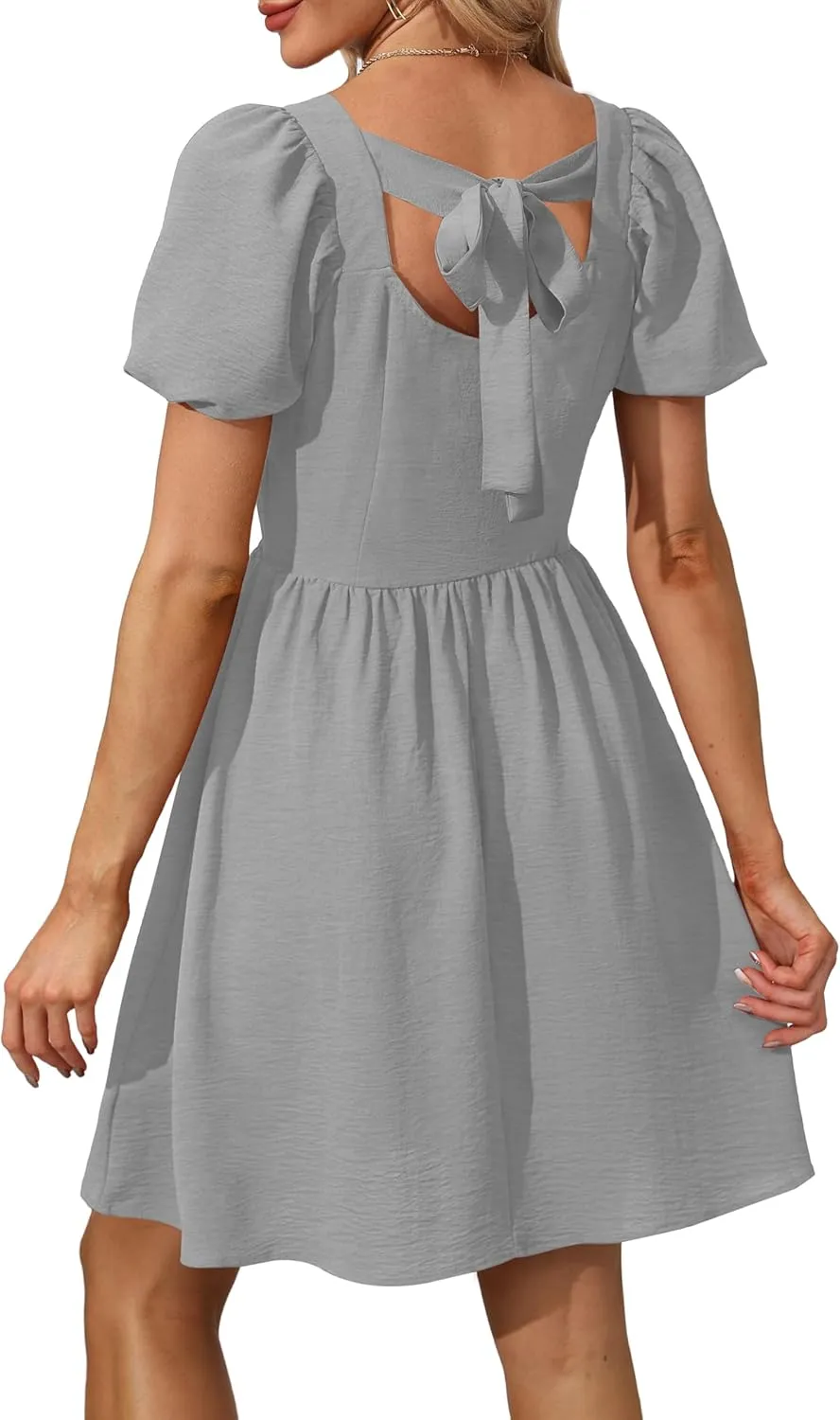 OFEEFAN Women Puff Sleeve Square Neck Tie in Back Dresses with Zipper