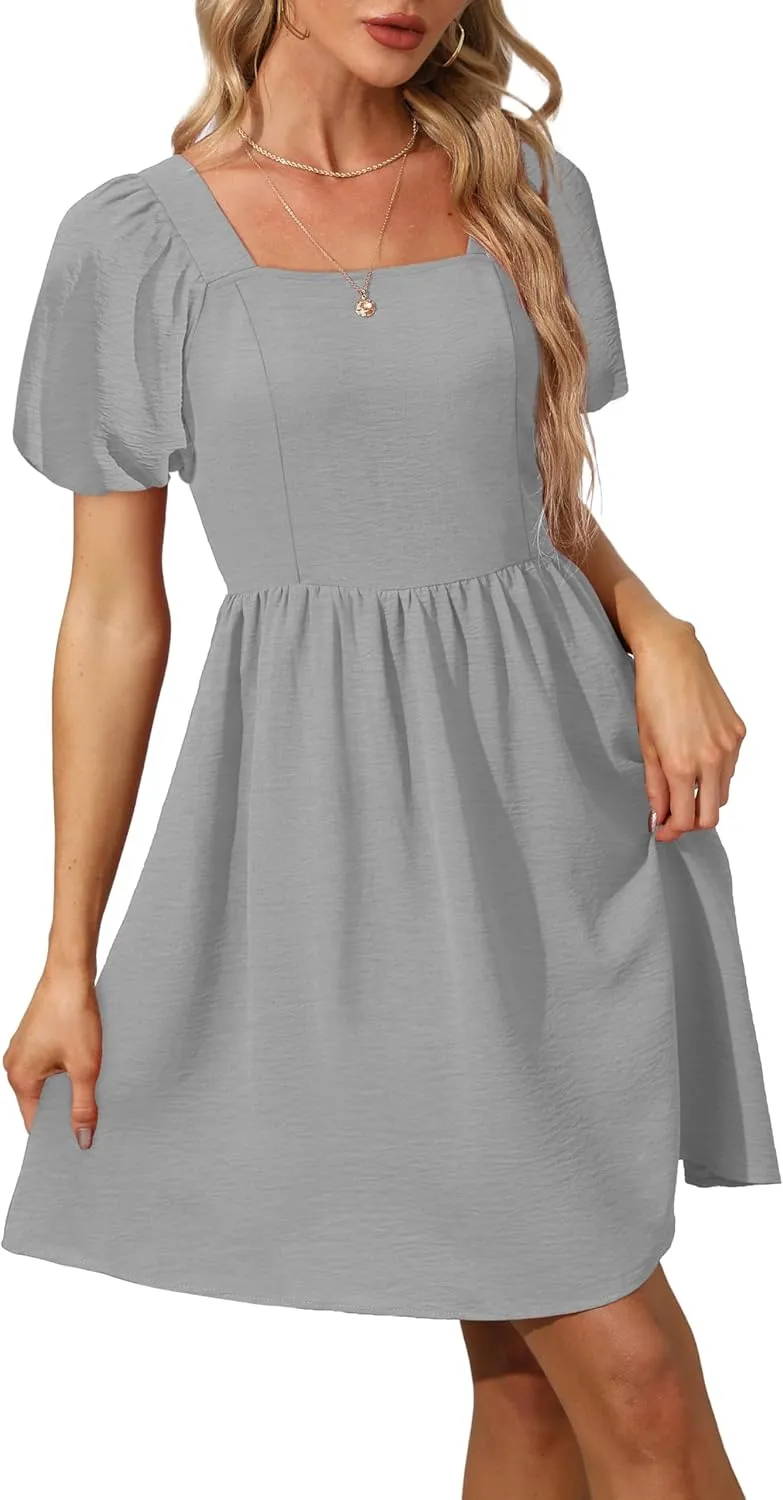 OFEEFAN Women Puff Sleeve Square Neck Tie in Back Dresses with Zipper