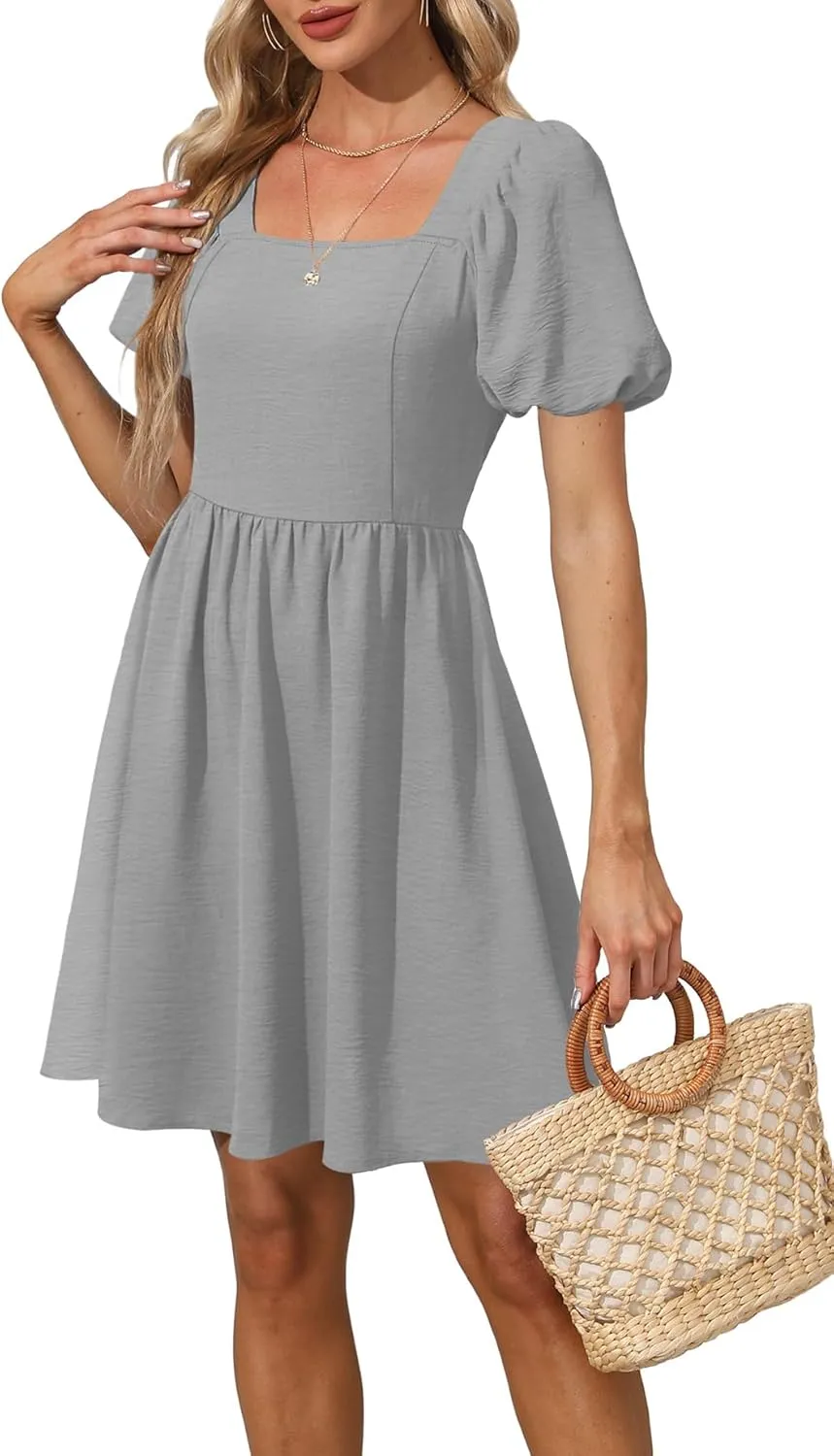 OFEEFAN Women Puff Sleeve Square Neck Tie in Back Dresses with Zipper