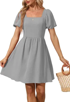 OFEEFAN Women Puff Sleeve Square Neck Tie in Back Dresses with Zipper