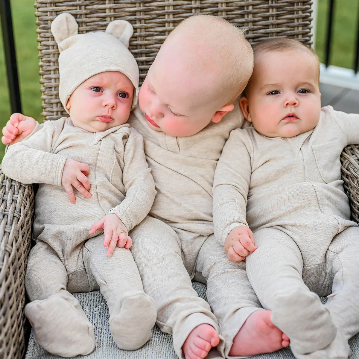 oh baby! Mini Honeycomb One Button Long Sleeve Romper - Sand