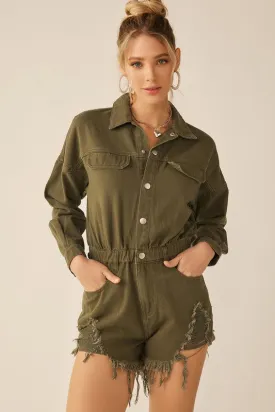Olive Distressed Hem Color Longsleeve Denim Romper