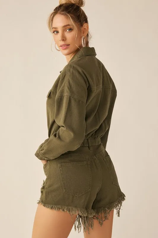 Olive Distressed Hem Color Longsleeve Denim Romper