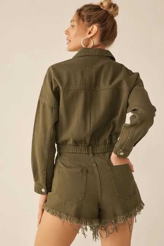Olive Distressed Hem Color Longsleeve Denim Romper