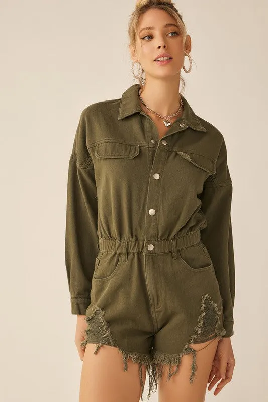 Olive Distressed Hem Color Longsleeve Denim Romper