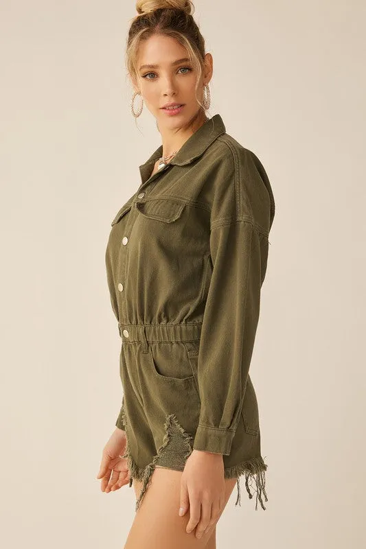 Olive Distressed Hem Color Longsleeve Denim Romper