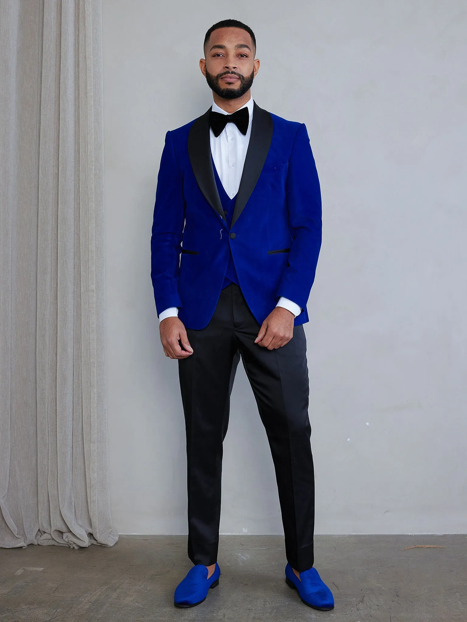 OMC Signature 3-Piece Blue Men's Velvet Shawl Lapel Slim Fit Tuxedo Set