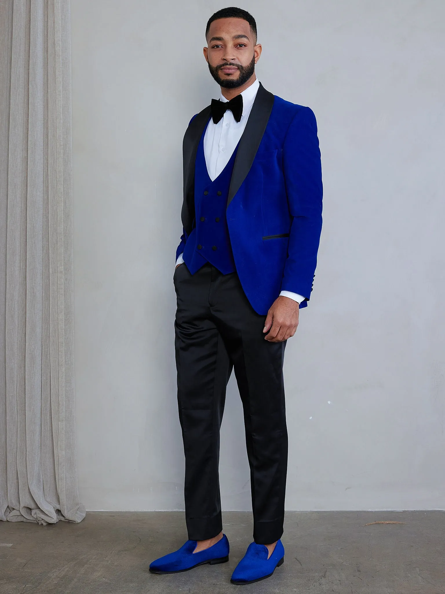 OMC Signature 3-Piece Blue Men's Velvet Shawl Lapel Slim Fit Tuxedo Set