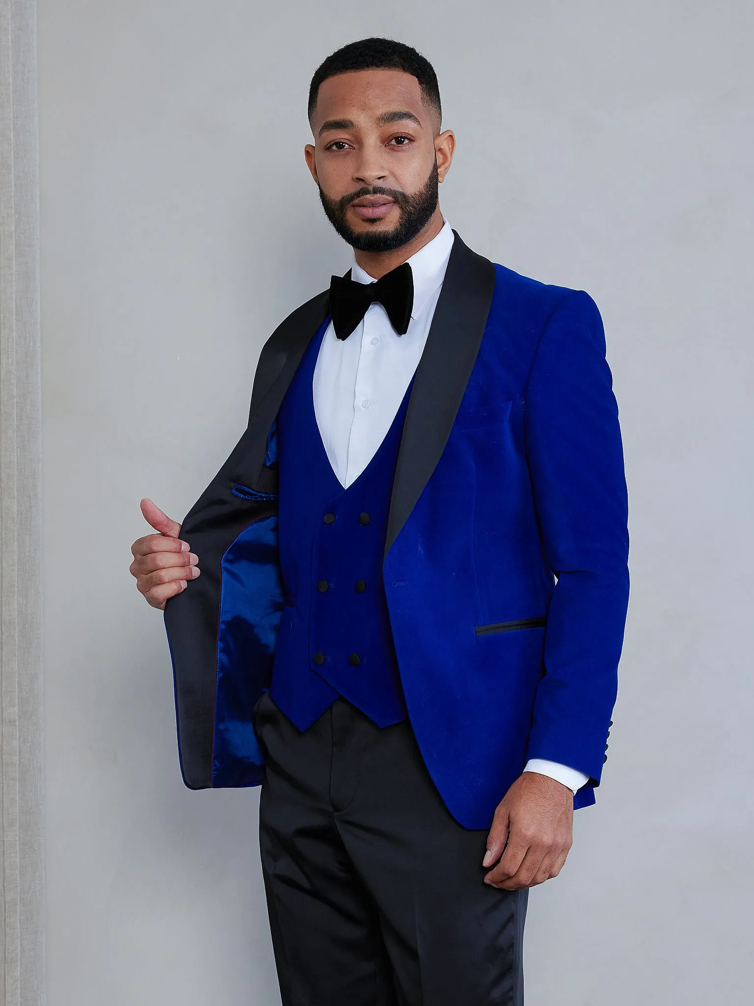 OMC Signature 3-Piece Blue Men's Velvet Shawl Lapel Slim Fit Tuxedo Set