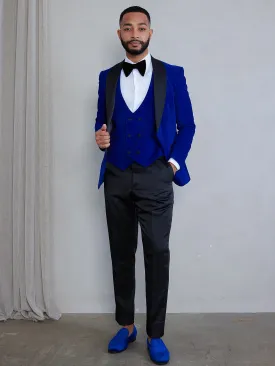 OMC Signature 3-Piece Blue Men's Velvet Shawl Lapel Slim Fit Tuxedo Set