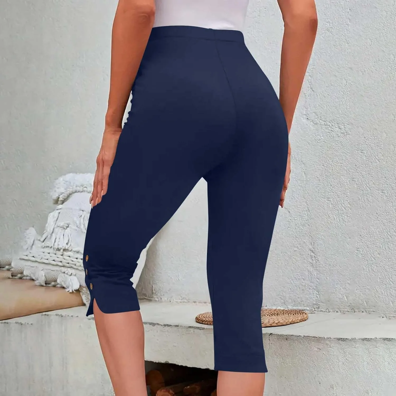 Oplxuo Capri Pants for Women Casual Summer Dressy Pull On Stretch High Waisted Buttons Slit Bottom Crop Work Leggings